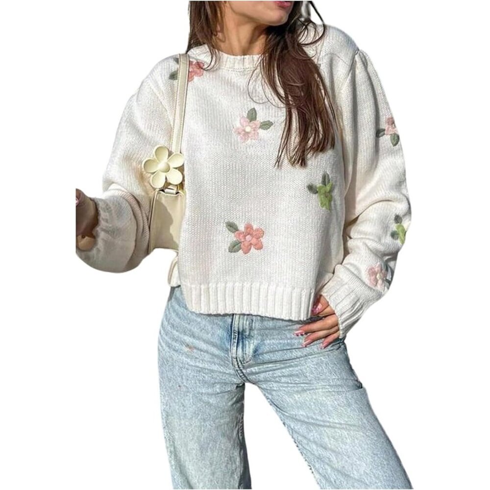 Women's Floral Lightweight Oversized Embroidered Sweater Long Sleeve Top